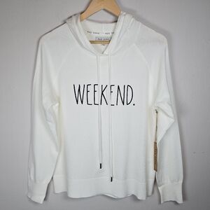 Rae Dunn Women's Weekend Pullover Hoodie Top Ivory Stretch NWT Med Casual Chic